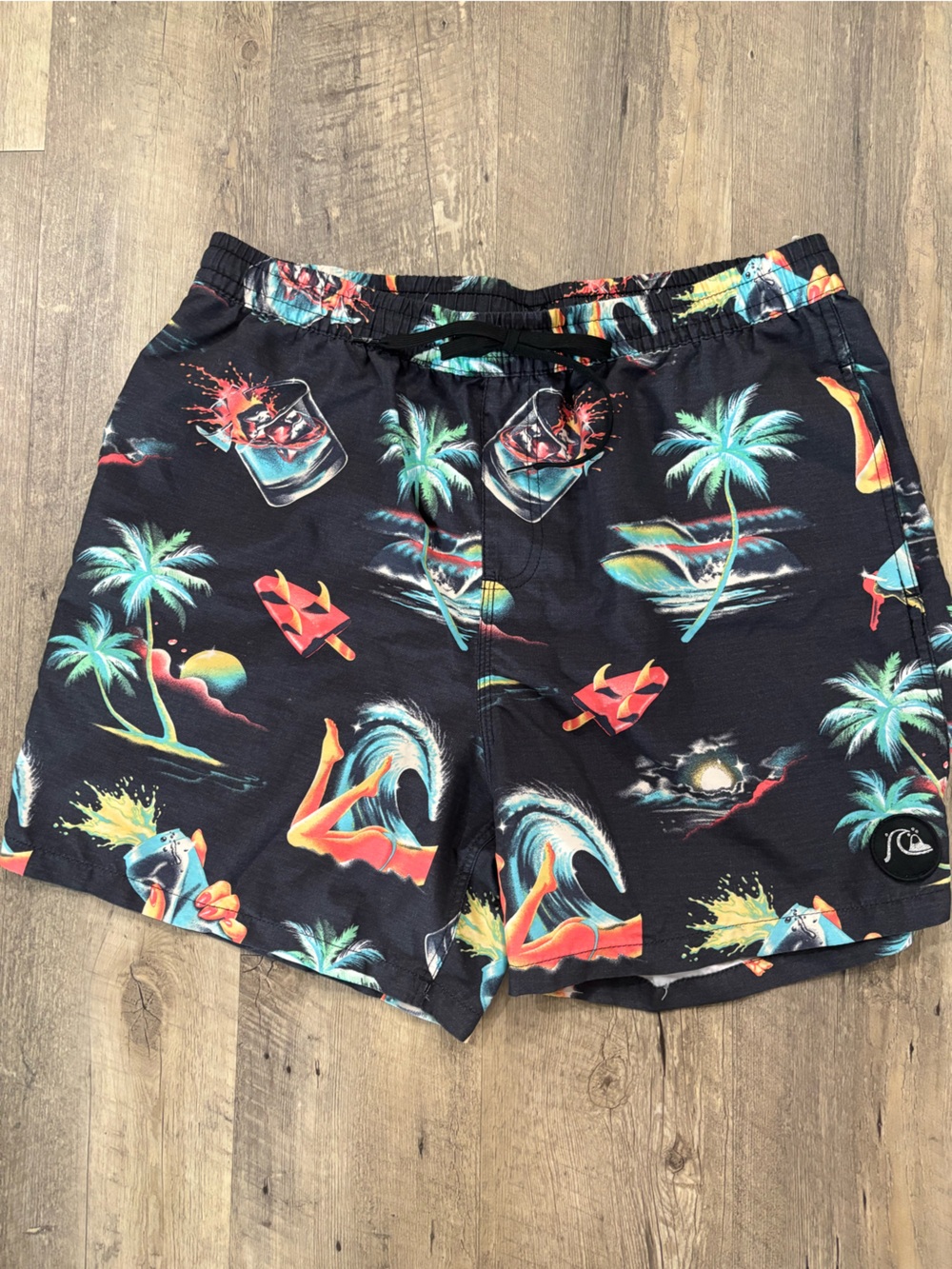 Quiksilver Black Swim Trunks with Neon Tropical Motif